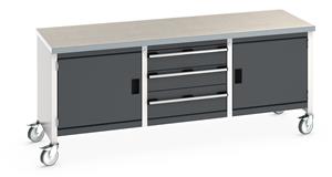 Bott Cubio Mobile Storage Workbench 2000mm wide x 750mm Deep x 840mm high supplied with a Linoleum worktop (particle board core with grey linoleum surface and plastic edgebanding), 3 x drawers (1 x 200mm & 2 x 150mm high) and 2 x 500mm high... 2000mm Wide Storage Benches